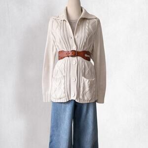 Vintage Cable Knit Cardigan Sweater Size L Off-White Minimalist Fisherman